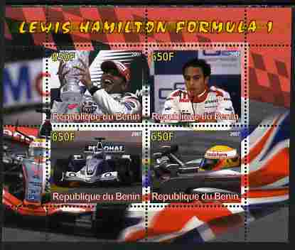 Benin 2007 Lewis Hamilton Formula 1 perf sheetlet containing 4 values unmounted mint. Note this item is privately produced and is offered purely on its thematic appeal, stamps on , stamps on  stamps on personalities, stamps on  stamps on sport, stamps on  stamps on cars, stamps on  stamps on  f1 , stamps on  stamps on 