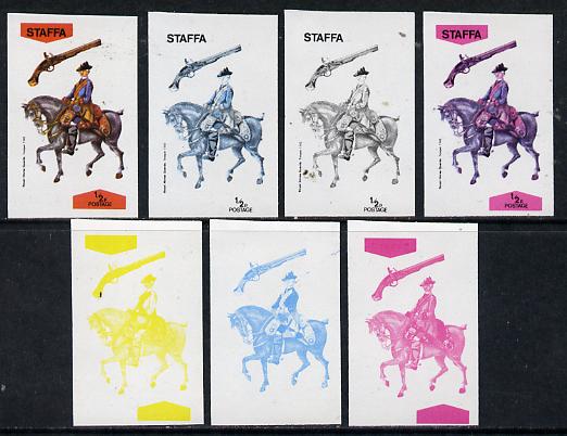 Staffa 1974 Military Uniforms (on Horseback) 1/2p (Royal Horse Guards 1742) set of 7 imperf progressive colour proofs comprising the 4 individual colours plus 2, 3 and all 4-colour composites unmounted mint, stamps on animals   horses   militaria, stamps on uniforms