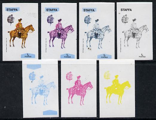 Staffa 1974 Military Uniforms (on Horseback) 1p (2nd Dragoons 1760) set of 7 imperf progressive colour proofs comprising the 4 individual colours plus 2, 3 and all 4-colo..., stamps on animals   horses   militaria, stamps on uniforms