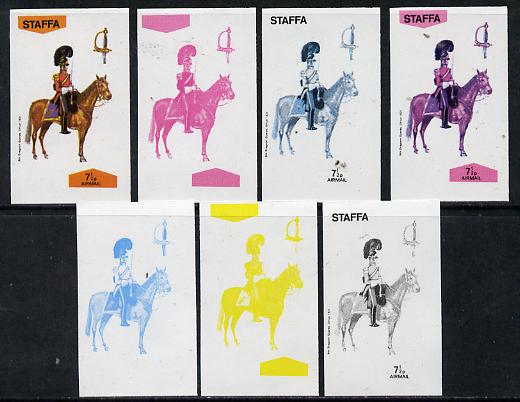 Staffa 1974 Military Uniforms (on Horseback) 7.5p (5th Dragoons 1851) set of 7 imperf progressive colour proofs comprising the 4 individual colours plus 2, 3 and all 4-colour composites unmounted mint, stamps on , stamps on  stamps on animals   horses   militaria, stamps on  stamps on uniforms