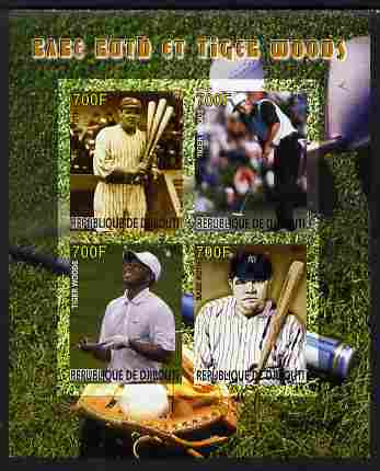 Djibouti 2007 Babe Ruth & Tiger Woods imperf sheetlet containing 4 values unmounted mint. Note this item is privately produced and is offered purely on its thematic appeal, stamps on personalities, stamps on sport, stamps on golf, stamps on baseball