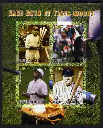 Djibouti 2007 Babe Ruth & Tiger Woods imperf sheetlet containing 4 values unmounted mint. Note this item is privately produced and is offered purely on its thematic appeal, stamps on , stamps on  stamps on personalities, stamps on  stamps on sport, stamps on  stamps on golf, stamps on  stamps on baseball