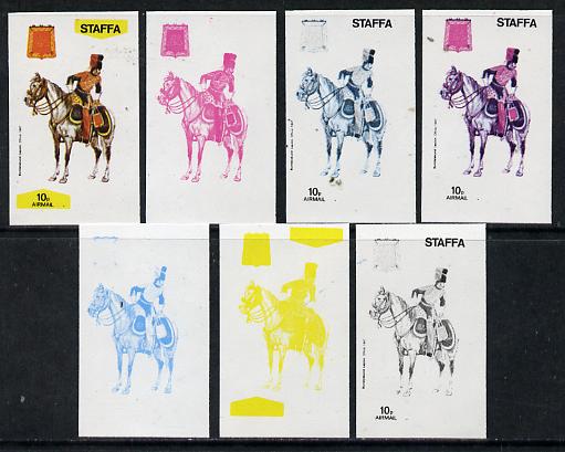 Staffa 1974 Military Uniforms (on Horseback) 10p (Bundelkund Legion 1847) set of 7 imperf progressive colour proofs comprising the 4 individual colours plus 2, 3 and all 4-colour composites unmounted mint, stamps on animals   horses   militaria, stamps on uniforms