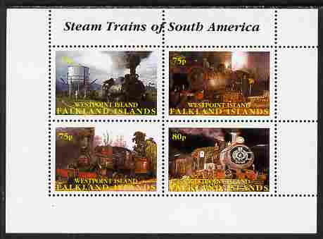 Westpoint Island (Falkland Islands) 2001 Steam Trains of South America perf sheetlet containing 4 values unmounted mint. Note this item is privately produced and is offered purely on its thematic appeal, it has no postal validity, stamps on , stamps on  stamps on railways