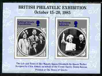 Cinderella - 1985 British Philatelic Exhibition imperf sheetlet containing 2 black & white images of the Queen Mother (Falkland Island Deps & Solomon Islands designs), stamps on , stamps on  stamps on royalty, stamps on  stamps on queen mother, stamps on  stamps on stamp exhibitions