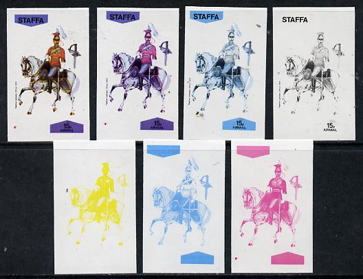 Staffa 1974 Military Uniforms (on Horseback) 15p (Taplow Lancers 1870) set of 7 imperf progressive colour proofs comprising the 4 individual colours plus 2, 3 and all 4-colour composites unmounted mint, stamps on , stamps on  stamps on animals   horses   militaria, stamps on  stamps on uniforms