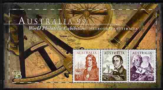 Australia 1999 Australia '99 Stamp Exhibition perf m/sheet #2 containing 3 x 45c Navigator stamps depicting Dampier, King & Bass unmounted mint SG MS 1852b, stamps on , stamps on  stamps on navigators, stamps on  stamps on explorers, stamps on  stamps on stamponstamp, stamps on  stamps on stamp on stamp, stamps on  stamps on stamp exhibitions