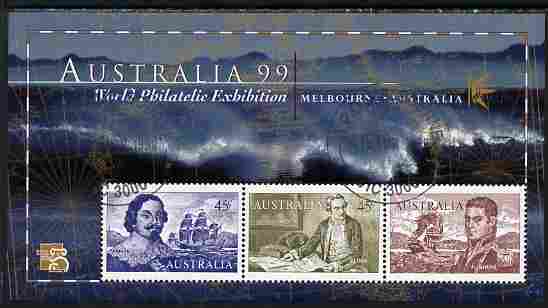 Australia 1999 Australia '99 Stamp Exhibition perf m/sheet #1 containing 3 x 45c Navigator stamps depicting Tasman, Cook & Flinders fine cds used SG MS 1852a, stamps on , stamps on  stamps on navigators, stamps on  stamps on explorers, stamps on  stamps on stamponstamp, stamps on  stamps on stamp on stamp, stamps on  stamps on stamp exhibitions