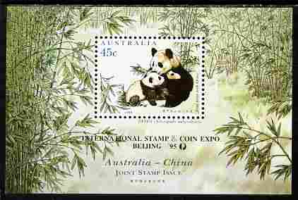 Australia & China 1995 Joint issue - Giant panda m/sheet opt'd for International Stamp & Coin Expo unmounted mint, as SG MS 1551b, stamps on animals, stamps on pandas, stamps on bears, stamps on coins, stamps on stamp exhibitions, stamps on 