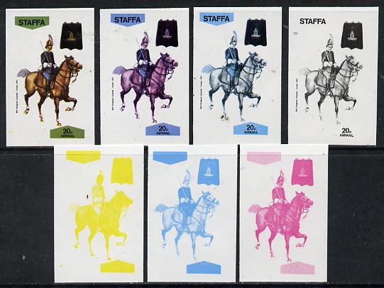 Staffa 1974 Military Uniforms (on Horseback) 20p (6th Dragoons 1901) set of 7 imperf progressive colour proofs comprising the 4 individual colours plus 2, 3 and all 4-colour composites unmounted mint, stamps on , stamps on  stamps on animals   horses   militaria, stamps on  stamps on uniforms