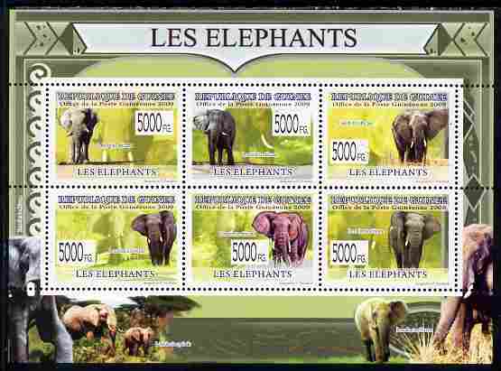 Guinea - Conakry 2009 Elephants perf sheetlet containing 6 values unmounted mint, stamps on animals, stamps on elephants