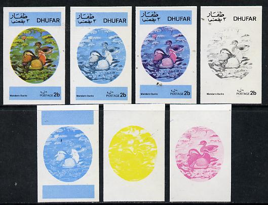 Dhufar 1973 Foreign & Exotic Birds 2b (Mandarin Ducks) set of 7 imperf progressive colour proofs comprising the 4 individual colours plus 2, 3 and all 4-colour composites..., stamps on birds    duck