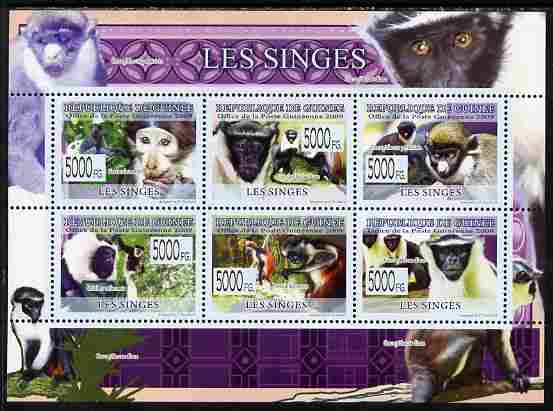 Guinea - Conakry 2009 Monkeys perf sheetlet containing 6 values unmounted mint, stamps on , stamps on  stamps on animals, stamps on  stamps on monkeys, stamps on  stamps on apes