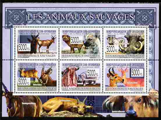 Guinea - Conakry 2009 Wild Animals perf sheetlet containing 6 values unmounted mint, stamps on animals, stamps on hippos, stamps on deer, stamps on hyenas