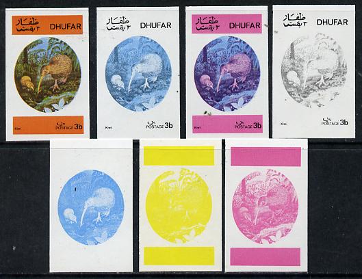 Dhufar 1973 Foreign & Exotic Birds 3b (Kiwi) set of 7 imperf progressive colour proofs comprising the 4 individual colours plus 2, 3 and all 4-colour composites unmounted..., stamps on birds     kiwi