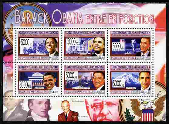 Guinea - Conakry 2009 Barack Obama perf sheetlet containing 6 values unmounted mint, stamps on personalities, stamps on usa presidents, stamps on american, stamps on masonics, stamps on masonry, stamps on obama, stamps on apollo, stamps on music