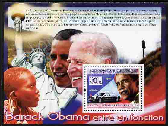 Guinea - Conakry 2009 Barack Obama perf s/sheet unmounted mint, stamps on , stamps on  stamps on personalities, stamps on  stamps on usa presidents, stamps on  stamps on american, stamps on  stamps on masonics, stamps on  stamps on masonry, stamps on  stamps on obama, stamps on  stamps on cars, stamps on  stamps on statue of liberty