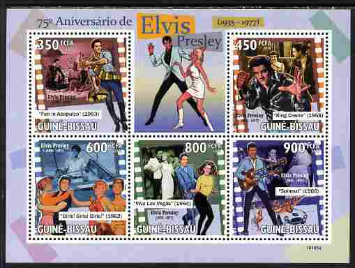 Guinea - Bissau 2010 75th Birth Anniversary of Elvis Presley perf sheetlet containing 5 values unmounted mint, stamps on personalities, stamps on elvis, stamps on music, stamps on films, stamps on cinema, stamps on movies, stamps on pops, stamps on rock