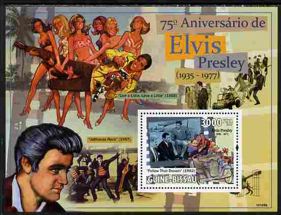 Guinea - Bissau 2010 75th Birth Anniversary of Elvis Presley perf s/sheet unmounted mint, stamps on , stamps on  stamps on personalities, stamps on  stamps on elvis, stamps on  stamps on music, stamps on  stamps on films, stamps on  stamps on cinema, stamps on  stamps on movies, stamps on  stamps on pops, stamps on  stamps on rock