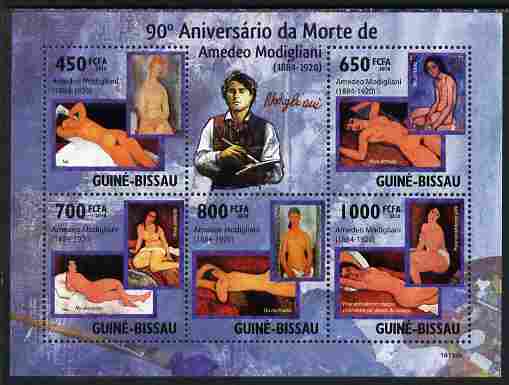 Guinea - Bissau 2010 90th death Anniversary of Modigliani perf sheetlet containing 5 values unmounted mint, stamps on , stamps on  stamps on personalities, stamps on  stamps on arts, stamps on  stamps on modigliani, stamps on  stamps on nudes