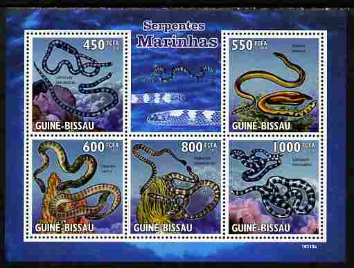 Guinea - Bissau 2010 Sea Snakes perf sheetlet containing 5 values unmounted mint, stamps on marine life, stamps on snakes