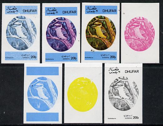 Dhufar 1973 Foreign & Exotic Birds 20b (Kookaburra) set of 7 imperf progressive colour proofs comprising the 4 individual colours plus 2, 3 and all 4-colour composites, unmounted mint, stamps on birds     kookaburra