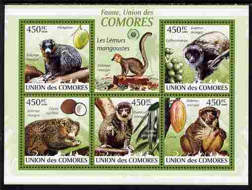 Comoro Islands 2009 Mongoose Lemur perf sheetlet containing 5 values unmounted mint Yv 1636-40, stamps on , stamps on  stamps on animals, stamps on  stamps on mongoose, stamps on  stamps on lemurs