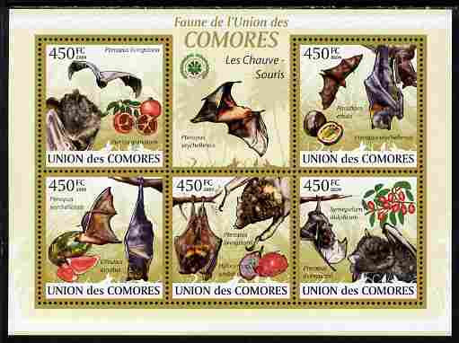 Comoro Islands 2009 Bats perf sheetlet containing 5 values unmounted mint Yv 1646-50, stamps on , stamps on  stamps on animals, stamps on  stamps on mammals, stamps on  stamps on bats, stamps on  stamps on fruit