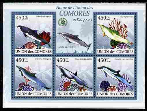 Comoro Islands 2009 Dolphins perf sheetlet containing 5 values unmounted mint Yv 1656-60, stamps on , stamps on  stamps on animals, stamps on  stamps on marine life, stamps on  stamps on whales, stamps on  stamps on dolphins, stamps on  stamps on coral