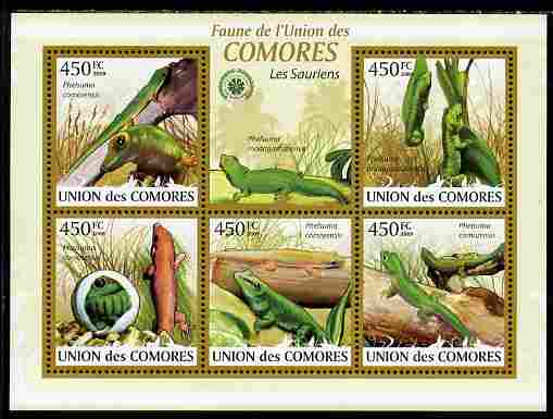 Comoro Islands 2009 Lizards perf sheetlet containing 5 values unmounted mint Yv 1661-65, stamps on , stamps on  stamps on animals, stamps on  stamps on lizards, stamps on  stamps on reptiles