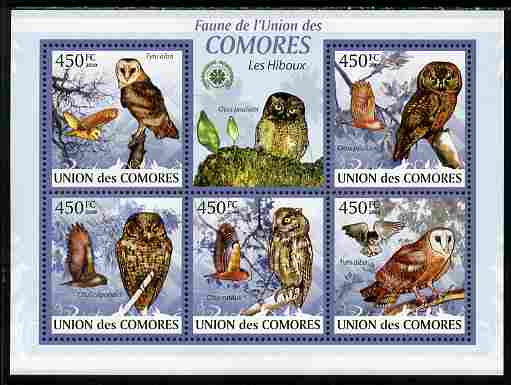 Comoro Islands 2009 Owls perf sheetlet containing 5 values unmounted mint Yv 1666-70, stamps on , stamps on  stamps on birds, stamps on  stamps on birds of prey, stamps on  stamps on owls