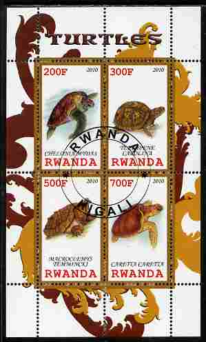 Rwanda 2010 Turtles perf sheetlet containing 4 values fine cto used, stamps on reptiles, stamps on turtles