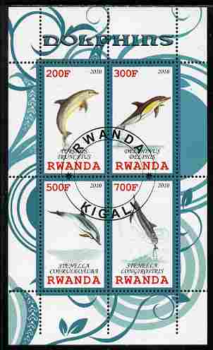 Rwanda 2010 Dolphins perf sheetlet containing 4 values fine cto used, stamps on , stamps on  stamps on whales, stamps on  stamps on dolphins, stamps on  stamps on marine life