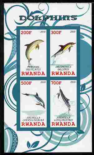 Rwanda 2010 Dolphins imperf sheetlet containing 4 values unmounted mint, stamps on whales, stamps on dolphins, stamps on marine life