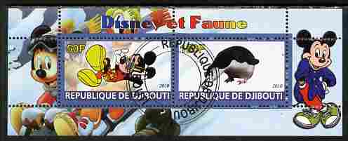 Djibouti 2010 Disney & Fauna #2 perf sheetlet containing 2 values fine cto used, stamps on , stamps on  stamps on disney, stamps on  stamps on cartoons, stamps on  stamps on movies, stamps on  stamps on cinema, stamps on  stamps on birds, stamps on  stamps on penguins