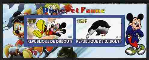 Djibouti 2010 Disney & Fauna #2 imperf sheetlet containing 2 values unmounted mint, stamps on , stamps on  stamps on disney, stamps on  stamps on cartoons, stamps on  stamps on movies, stamps on  stamps on cinema, stamps on  stamps on birds, stamps on  stamps on penguins