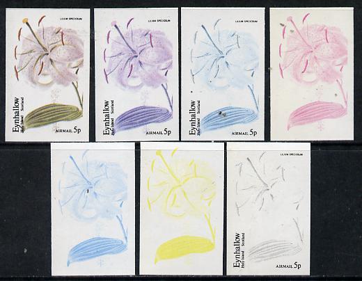 Eynhallow 1974 Flowers #01 - 5p (Lilium Speciosum) set of 7 imperf progressive colour proofs comprising the 4 individual colours plus 2, 3 and all 4-colour composites unm..., stamps on flowers