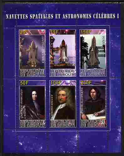Djibouti 2010 Space Launches & Astronomers #1 perf sheetlet containing 6 values unmounted mint, stamps on personalities, stamps on space, stamps on astronomy, stamps on astronomers, stamps on science