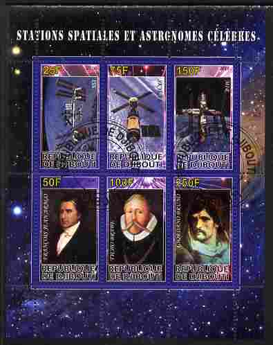 Djibouti 2010 Space Stations & Astronomers perf sheetlet containing 6 values fine cto used, stamps on personalities, stamps on space, stamps on astronomy, stamps on astronomers, stamps on science