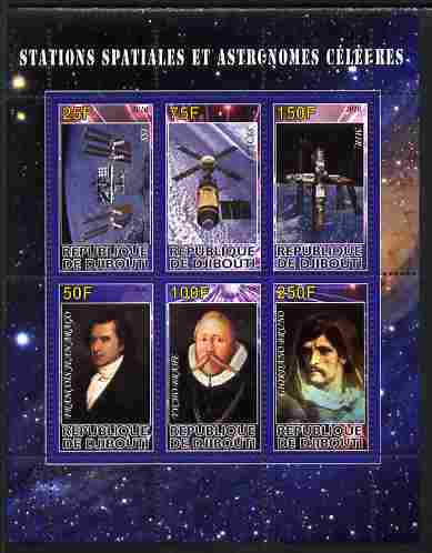 Djibouti 2010 Space Stations & Astronomers perf sheetlet containing 6 values unmounted mint, stamps on personalities, stamps on space, stamps on astronomy, stamps on astronomers, stamps on science