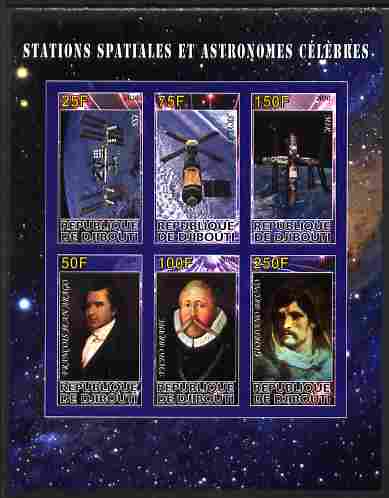 Djibouti 2010 Space Stations & Astronomers imperf sheetlet containing 6 values unmounted mint, stamps on , stamps on  stamps on personalities, stamps on  stamps on space, stamps on  stamps on astronomy, stamps on  stamps on astronomers, stamps on  stamps on science