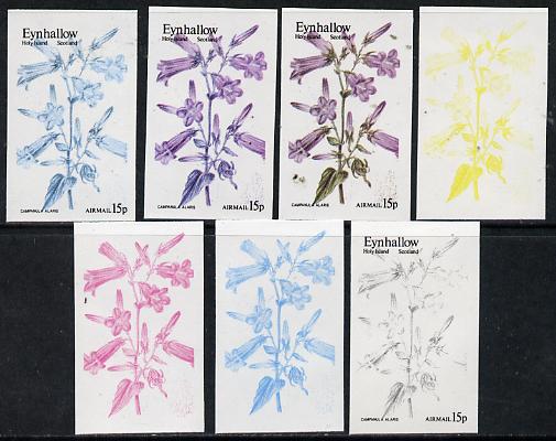 Eynhallow 1974 Flowers #01 - 15p (Campanula Alaris) set of 7 imperf progressive colour proofs comprising the 4 individual colours plus 2, 3 and all 4-colour composites un..., stamps on flowers