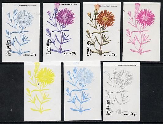 Eynhallow 1974 Flowers #01 - 20p (Mesembryanthemum) set of 7 imperf progressive colour proofs comprising the 4 individual colours plus 2, 3 and all 4-colour composites un...