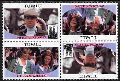 Tuvalu 1986 Royal Wedding (Andrew & Fergie) $1 perf tete-beche block of 4 (2 se-tenant pairs) with face value omitted unmounted mint SG 399-400var, stamps on , stamps on  stamps on royalty, stamps on  stamps on andrew, stamps on  stamps on fergie, stamps on  stamps on 