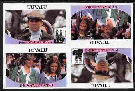 Tuvalu 1986 Royal Wedding (Andrew & Fergie) $1 imperf tete-beche block of 4 (2 se-tenant pairs) with face value omitted unmounted mint SG 399-400var, stamps on , stamps on  stamps on royalty, stamps on  stamps on andrew, stamps on  stamps on fergie, stamps on  stamps on 