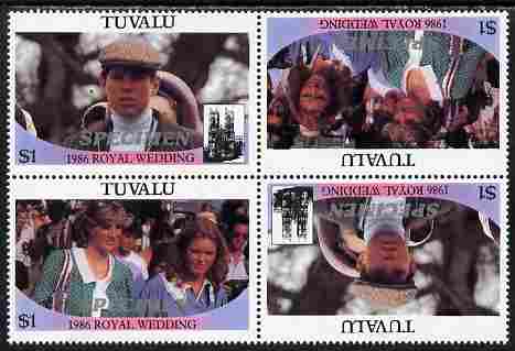 Tuvalu 1986 Royal Wedding (Andrew & Fergie) $1 perf tete-beche block of 4 (2 se-tenant pairs) overprinted SPECIMEN in silver (Italic caps 26.5 x 3 mm) unmounted mint SG 399-400s from Printer's uncut proof sheet, stamps on , stamps on  stamps on royalty, stamps on  stamps on andrew, stamps on  stamps on fergie, stamps on  stamps on 