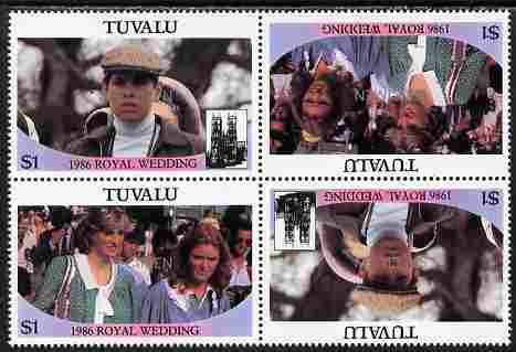 Tuvalu 1986 Royal Wedding (Andrew & Fergie) $1 imperf tete-beche block of 4 (2 se-tenant pairs folded) overprinted SPECIMEN in silver (Upright caps 17.5 x 2.5 mm) unmounted mint SG 399-400s from Printer's uncut proof sheet, stamps on royalty, stamps on andrew, stamps on fergie, stamps on 