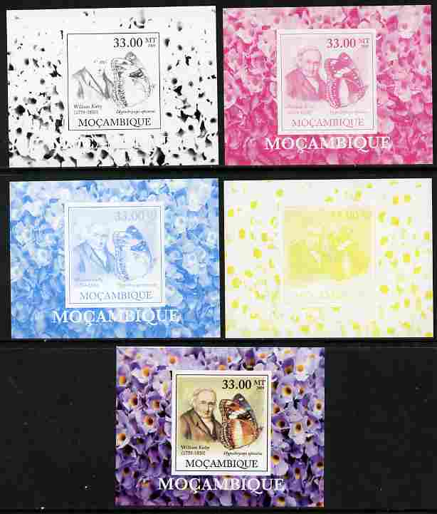 Mozambique 2009 William Kirby Butterflies & Insects #1 individual deluxe sheetlet - the set of 5 imperf progressive proofs comprising the 4 individual colours plus all 4-colour composite, unmounted mint , stamps on , stamps on  stamps on butterflies, stamps on  stamps on insects