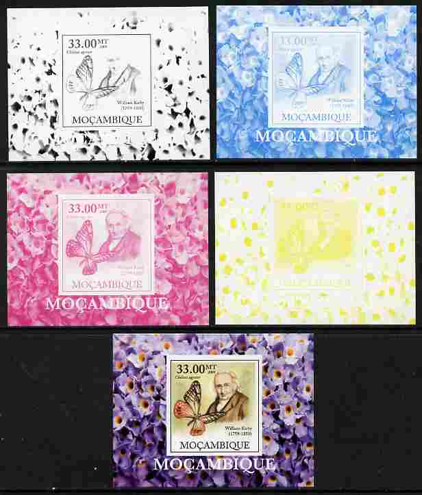 Mozambique 2009 William Kirby Butterflies & Insects #6 individual deluxe sheetlet - the set of 5 imperf progressive proofs comprising the 4 individual colours plus all 4-colour composite, unmounted mint , stamps on butterflies, stamps on insects