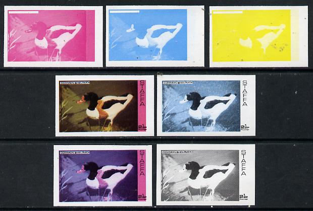 Staffa 1974 Water Birds #01 Shelduck 2.5p set of 7 imperf progressive colour proofs comprising the 4 individual colours plus 2, 3 and all 4-colour composites unmounted mint, stamps on , stamps on  stamps on birds